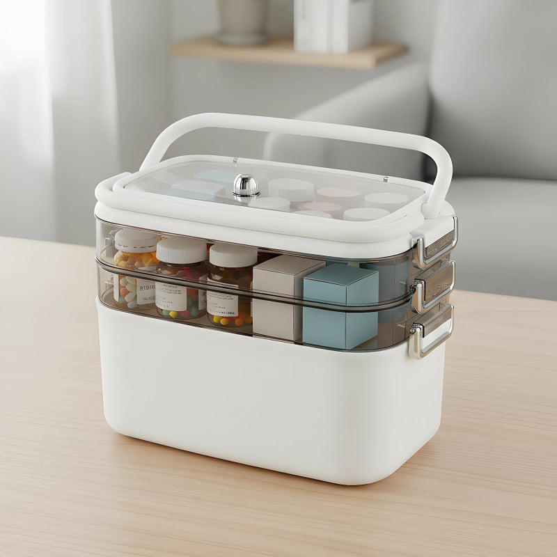 Makdly 4 Layer Medicine Storage Box, Portable First Aid Box Empty with Handle, Plastic Medical Organiser with Lid, Multipurpose Storage Box, Household Medication Storage Boxes for Home School Office